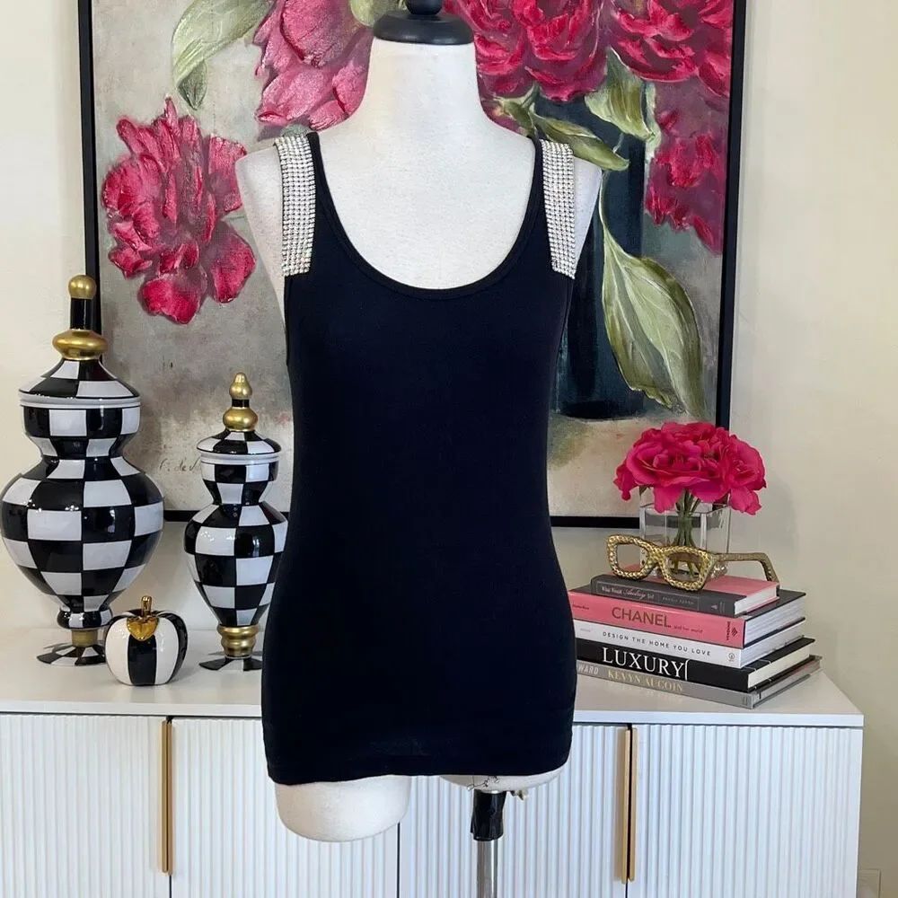 Scandaluxe Women's Rhinestone Wide Strap Sleeveless Mini Dress Black Medium